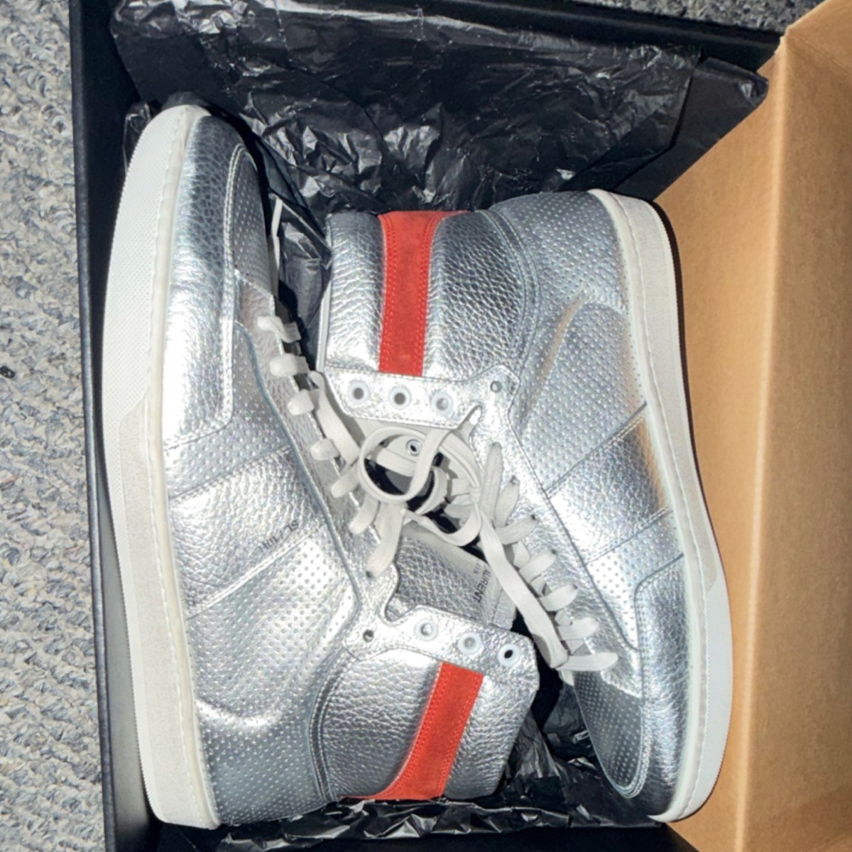 Saint Laurent SL/10H Silver Red White Polka Dot Lace Up High Top 