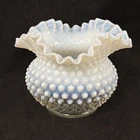 Vintage Fenton White and Clear Glass Opalescent Hobnail Ruffled Rim Vase 5"