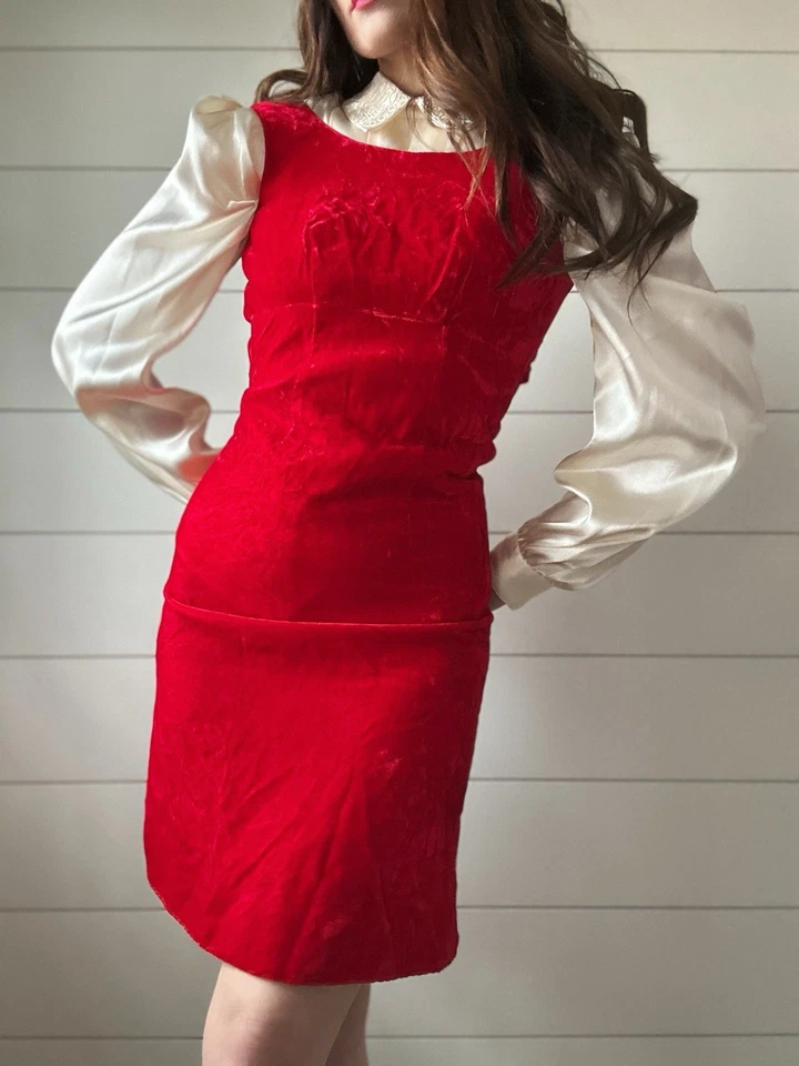 Vestido Gogo Vintage Rojo Terciopelo Fiesta Mod Vestido Años 60 Mini Foto 2 de 4