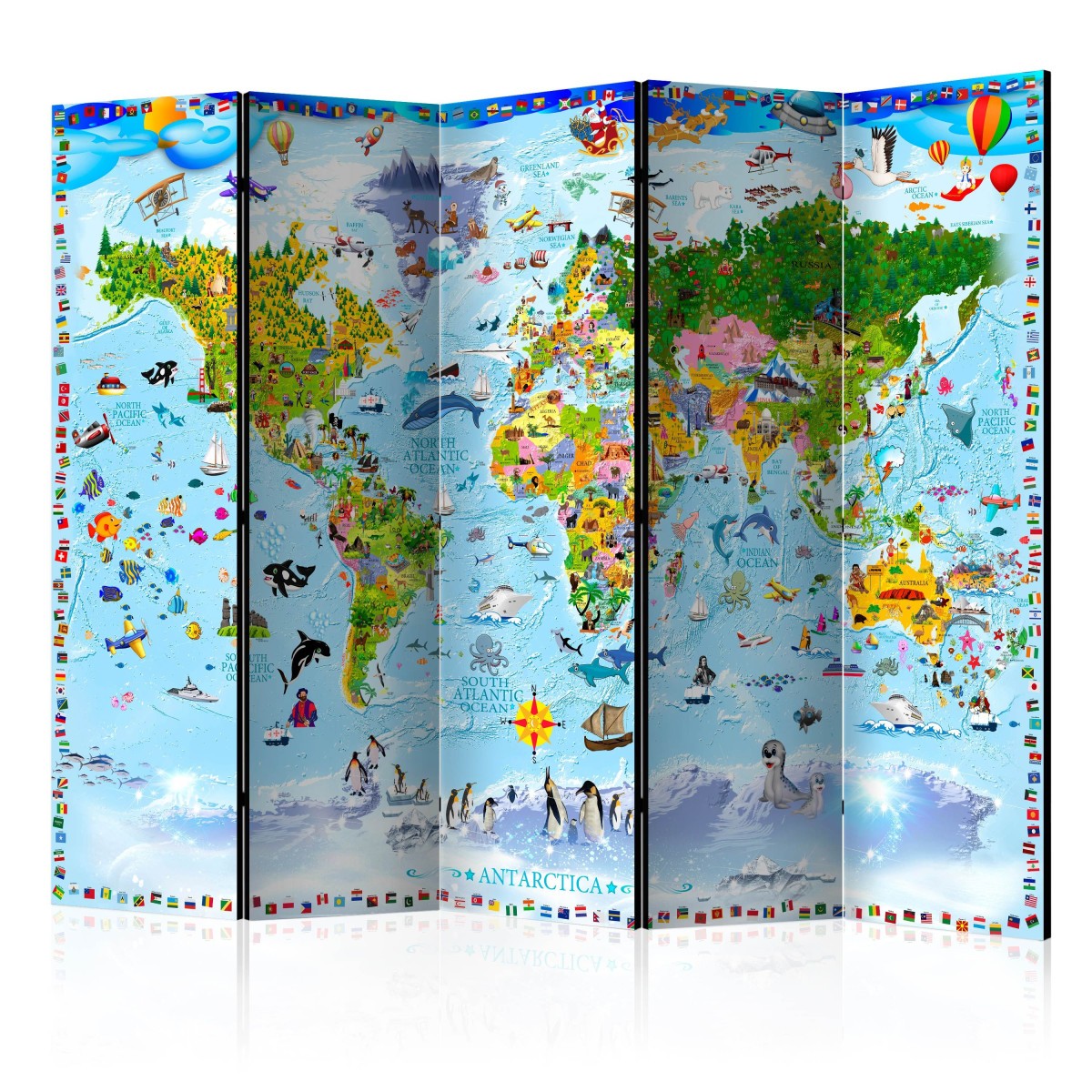 Paravent 5 volets grand format 172x225cm mappemonde pour chambre enfant
