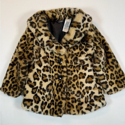 GUESS KIDS Toddler Girls  Leopard Print Faux Fur Mafia Fashion Pea Coat Size 2T