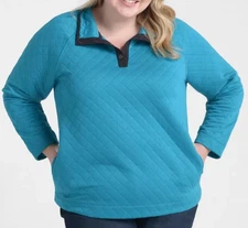CJ Banks Size 3X Relaxed Restyled Quilted Knit top, Turquoise, lg sleeve NWT