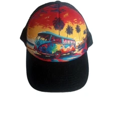 Open Road Trucker Cap Black Graphic Snap Back Vintage Volkswagen Van 