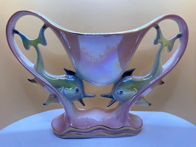 Vintage italienische glänzende Keramik Doppel Fisch Vase rosa irisierend Made Italy 205