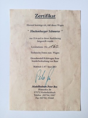 Zertifikat für Baur Spur H0 Kühlwagen ''Hachenburger Schwarze''