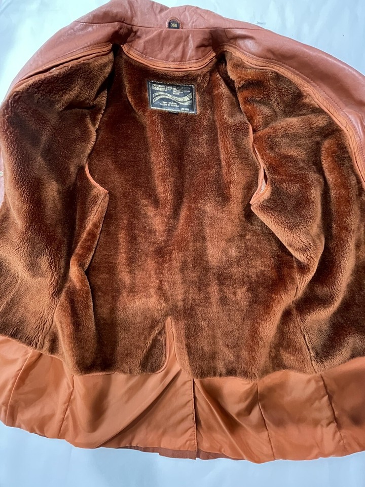 VTG 70s Leather Trench Coat Disco Montgomery Ward SZ 36 R Faux Fur