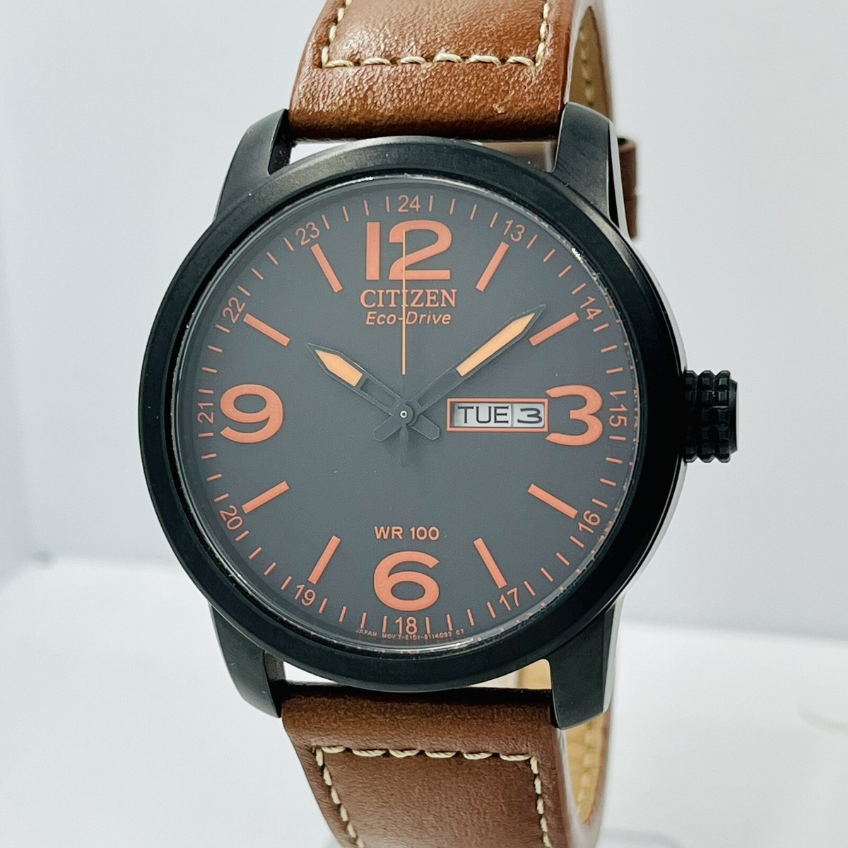 Citizen Men's Eco-Drive Black/Orange Steel Leather Band WR100