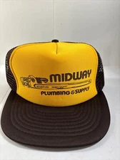 Vintage Midway Plumbing Trucker Hat Snapback Cap Pipe wrench Brown Yellow Foam