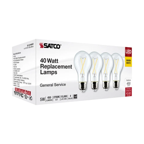 Pack Satco S12460 LED Filament 120V 5W 40W A19 Medium E26 Clear 2700K Warm White - Picture 9 of 10