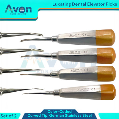 Set of 2pcs Dental Luxating Elevator Picks, Curved Tips, Gold Color - Stainless