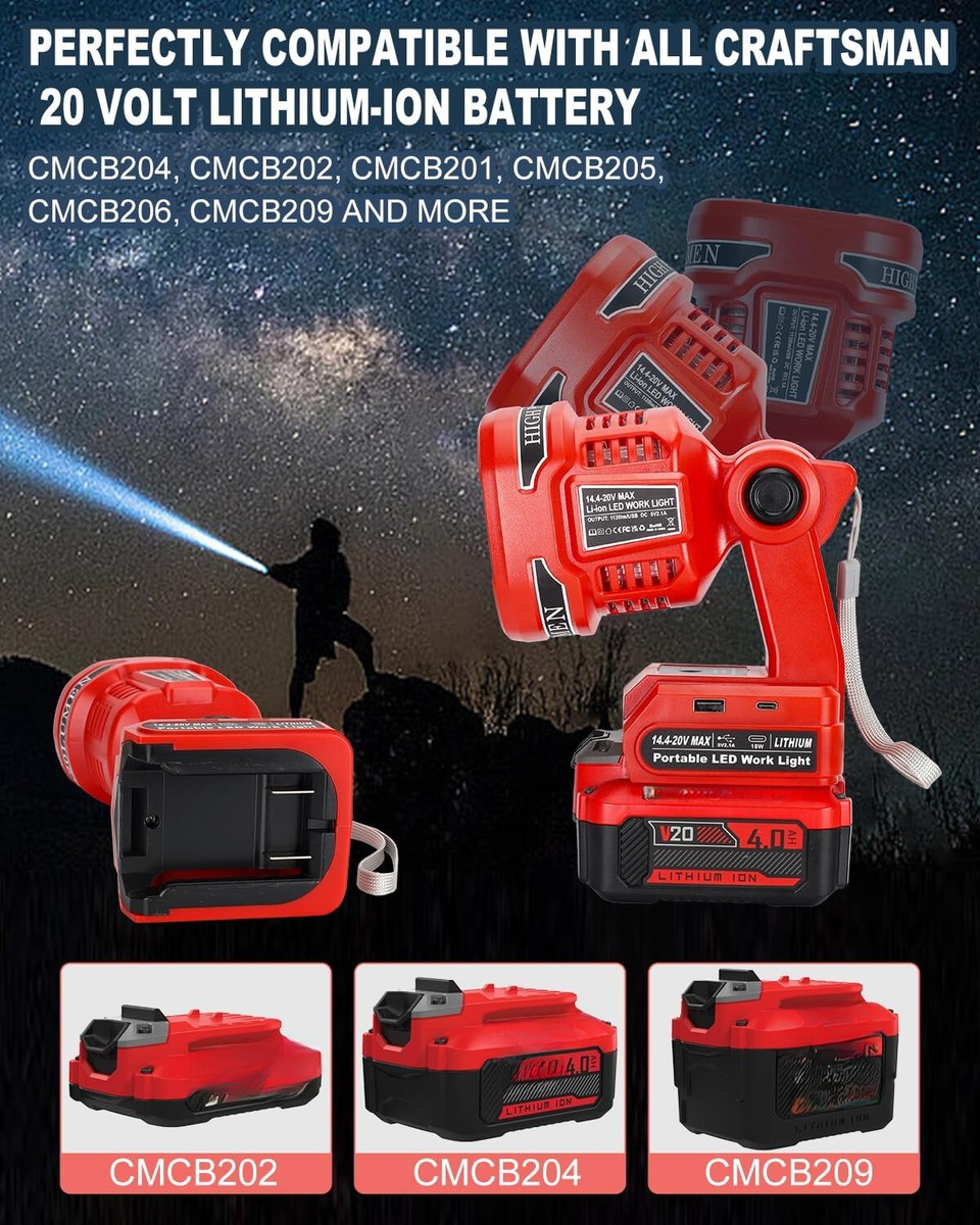 Cordless LED Flashlight for Craftsman V20 Battery 22W LED Work
