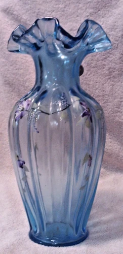 Fenton Handpainted Blue Ruffle Mouth Vase 11 inches tall 95th Anniversary