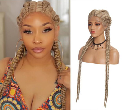 34 Inches Blonde Braided Lace Front Wigs Synthetic Box braid Wig With Baby Hair