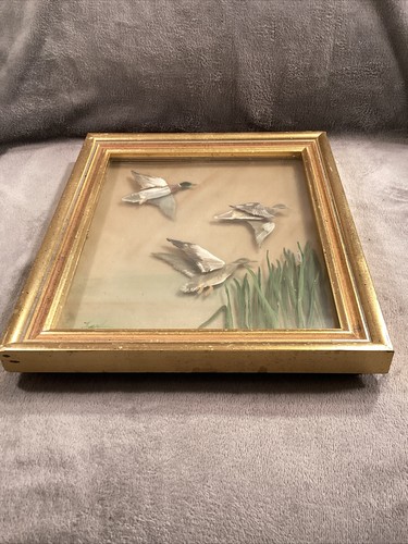 Vintage Verre Eglomise Triple Pane Shadow Box Painting Of Ducks In Flight Signed - Picture 15 of 16