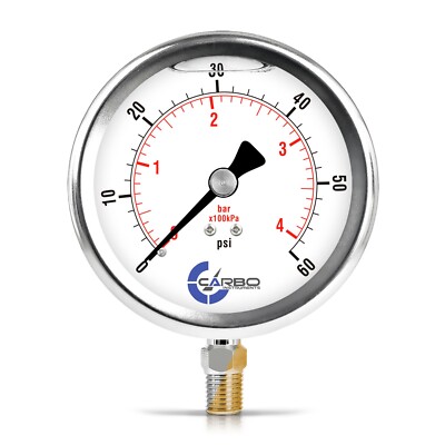 4'' Pressure Gauge, Stainless Steel Case, Liquid Filled, Lower Mnt 60 PSI