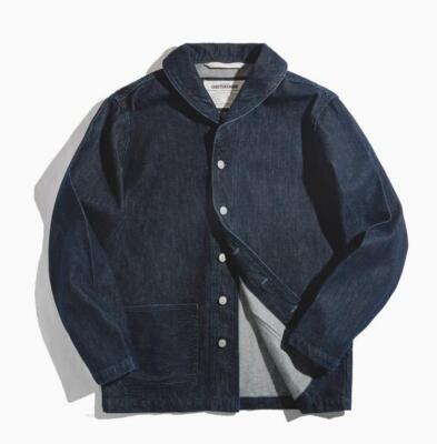 Men Retro Shawl Collar Button Deck Jacket Vintage Blue Denim Jacket Tooling Coat
