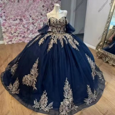 Navy Blue Quinceanera Dresses With Golden Decal Long Sleeves Lace Appliques