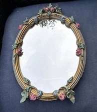Ornate Oval Mirror w Gold Floral Accents Pink Roses Green Leaves Hanging READ