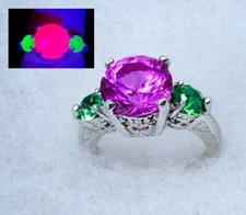 Sterling Uranium Glass and Pink Sapphire Ring UV Reactive Green and Pink 925