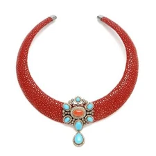 12.9ct Turquoise Diamond Coral Fish Skin Collar Necklace 925 Starling Silver