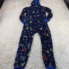 Gamer Boys Pjs Large PJ Hooded Jumpsuit Blue Fleece Neon Color Gaming Cat  Jack