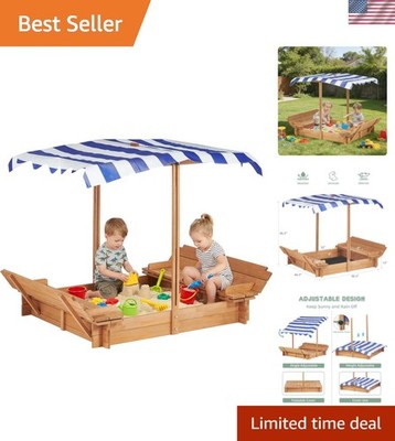 Kids Sandbox with Adjustable Cover, 46.5'' Wooden Sand Box with 2 Foldable Ben...
