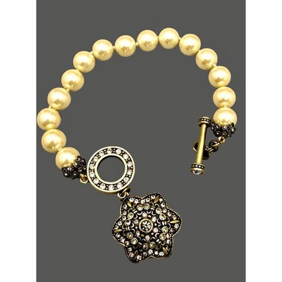 Heidi Daus Unforgettable Lavaliere Faux Pearl Crystal Toggle Bracelet Signed
