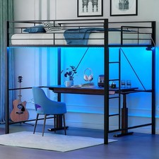Loft Bed Twin Size with 15 Inches Safety Guardrail, Flat Rungs, LED Lights and