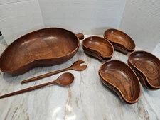 Vintage 11 Pc  Monkey Pod Wood Salad Bowl Serving Set Mid Century Modern 