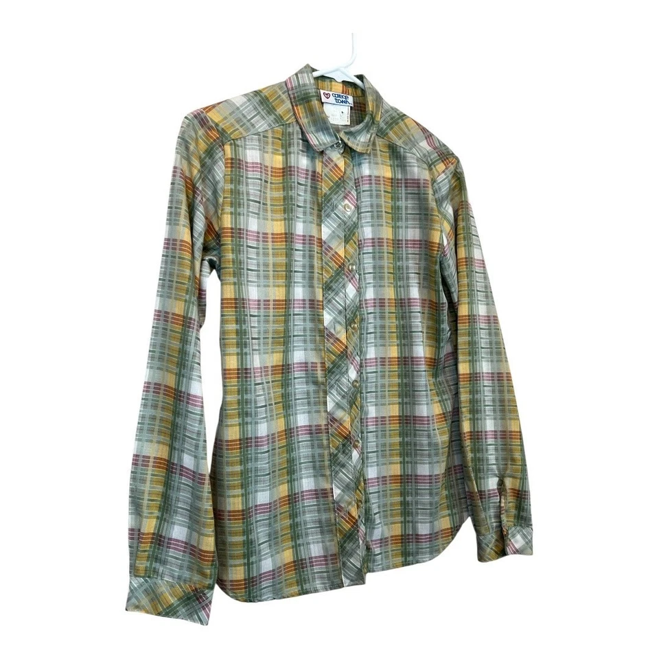 Vintage Plaid Button Up Blouse Shirt Top Retro 70s 80s Neutral - Image 4 of 4