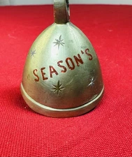VTG Solid Brass Christmas Bell Etched MCM Retro Sleigh Mini 2.5” Gold Red Green