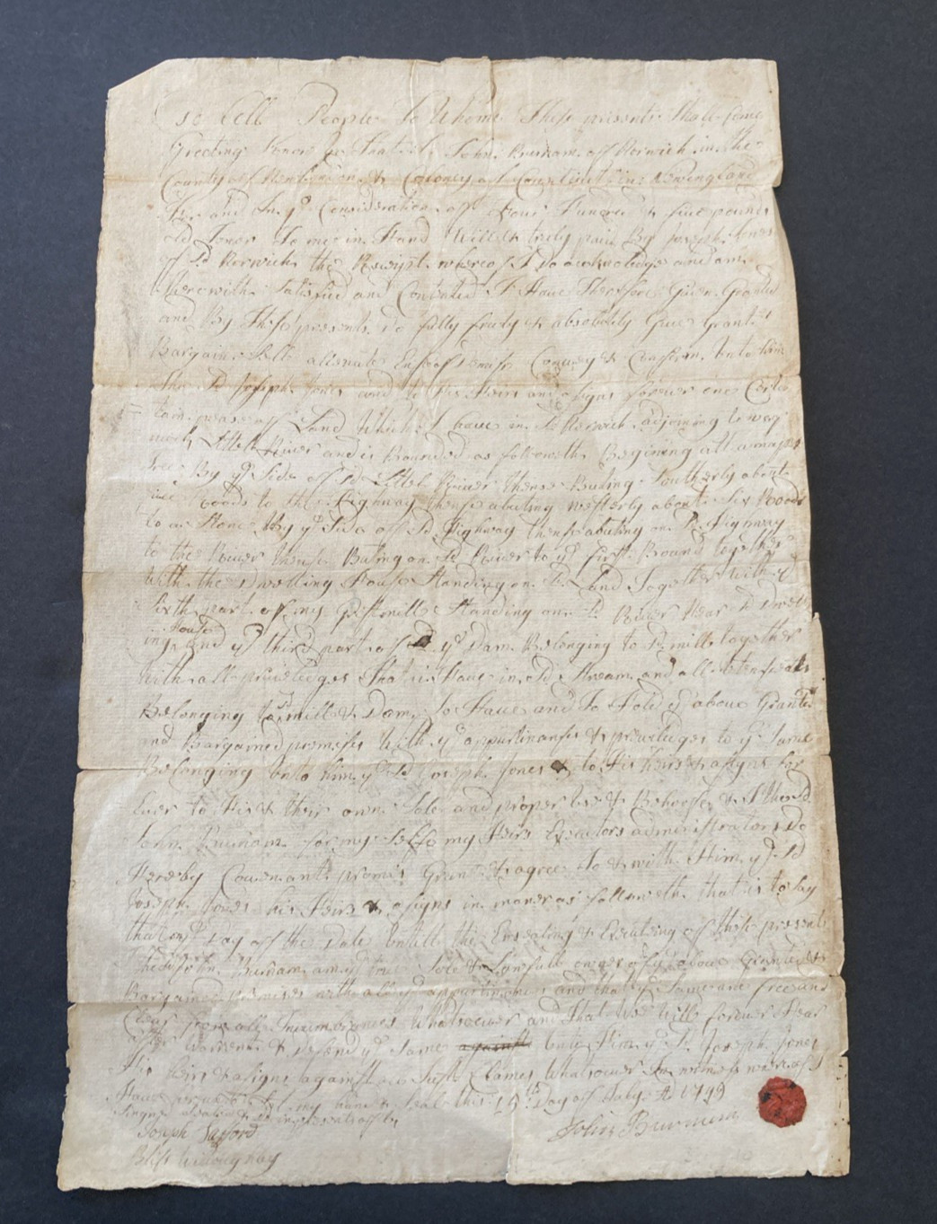 1749 - AMERICAN COLONIAL MANUSCRIPT DEED - NORWICH CT.  JOHN BURNUM to J. JONES