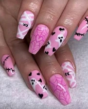 Press-On Nails Halloween  Pink/Black/White Medium/Long - Squared Finish