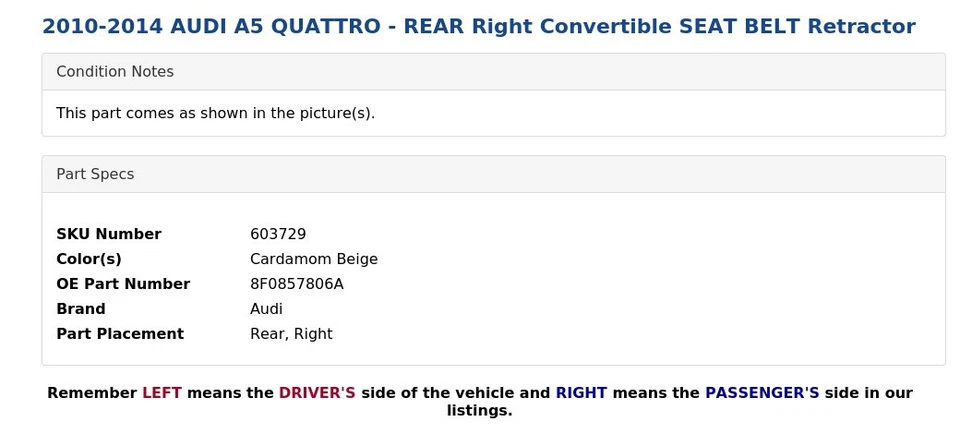 2010-2014 AUDI A5 QUATTRO - Retrator de cinto de segurança conversível traseiro direito - Imagem 4 de 4