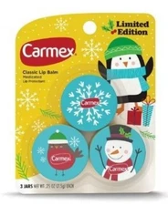 Carmex Holiday Lip Balm 3pc Medicated Jars/Tubs Snowflake+Snowman+Bird Designs
