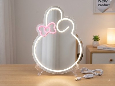Cute Bunny Rabbit Mirror LED Neon Light Sign Dimmable USB Room Wall Decor New