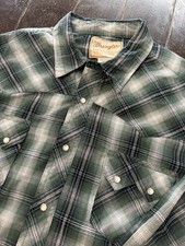 Wrangler Western Pearl Snap Shirt Mens XXL 27  Chest Green Plaid Metallic Thread