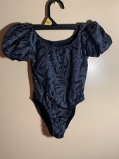 Vintage Danskin Dance Leotard Puff Sleeve Black  Silver Size 6X-7 Made in USA