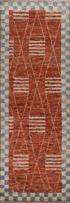 Rust Abstract Modern Moroccan Runner Rug Hand-knotted Wool Carpet 3'x10'