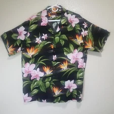 Island Aloha Wear Mens XL Hawaiian Shirt Black Rayon Floral Pattern Button USA