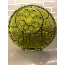 Olive Green Indiana Glass Tree of Life Round Devil Egg, Relish Platter