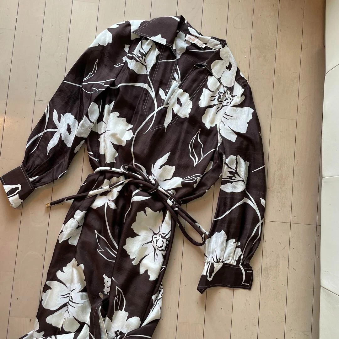 Abito lungo TORY BURCH maniche lunghe marrone motivo floreale 100% seta taglia: S P