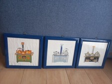 Vintage Quadro 3 Quadretti quadretto punto croce ricamato stufa cucina
