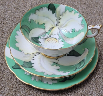 Paragon Double Warrant China Potters White Orchid Green Teacup, Saucer & Plate