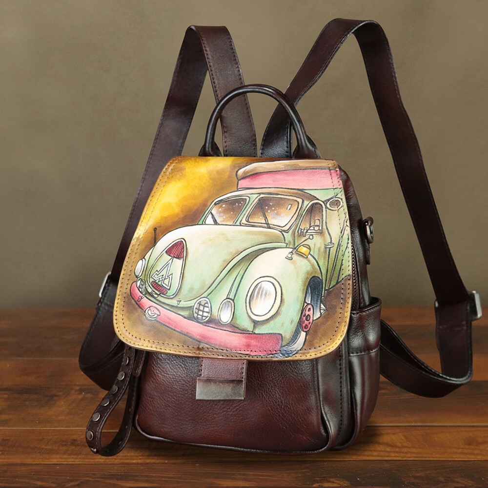 Genuine Leather Backpack for Women Hand Painted Knapsack  display picture 2