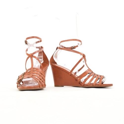 J.Crew Wedge Sandals 6.5 Tan Leather Strappy Buckle Ankle-Strap Heels - Picture 6 of 8