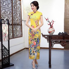 Double Layer Yellow Short-Sleeve Long Cheongsam Female Catwalk Costume Dress