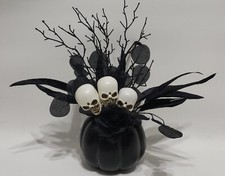 Happy Halloween 3 White Skeleton Skull on Black Pumpkin Sculpture Table Decor