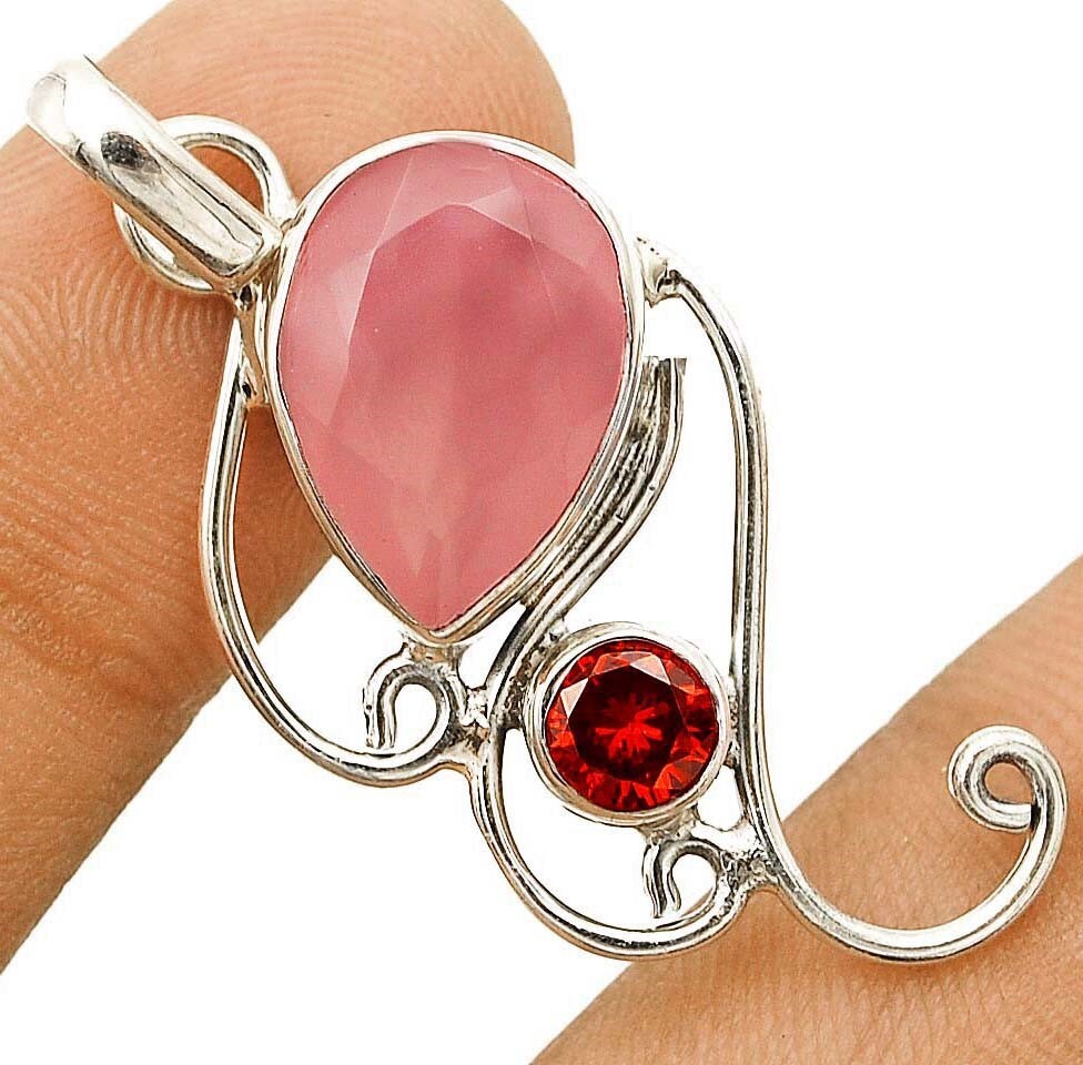 Natural Rose Quartz & 925 Sterling Silver Pendant Jewelry B145