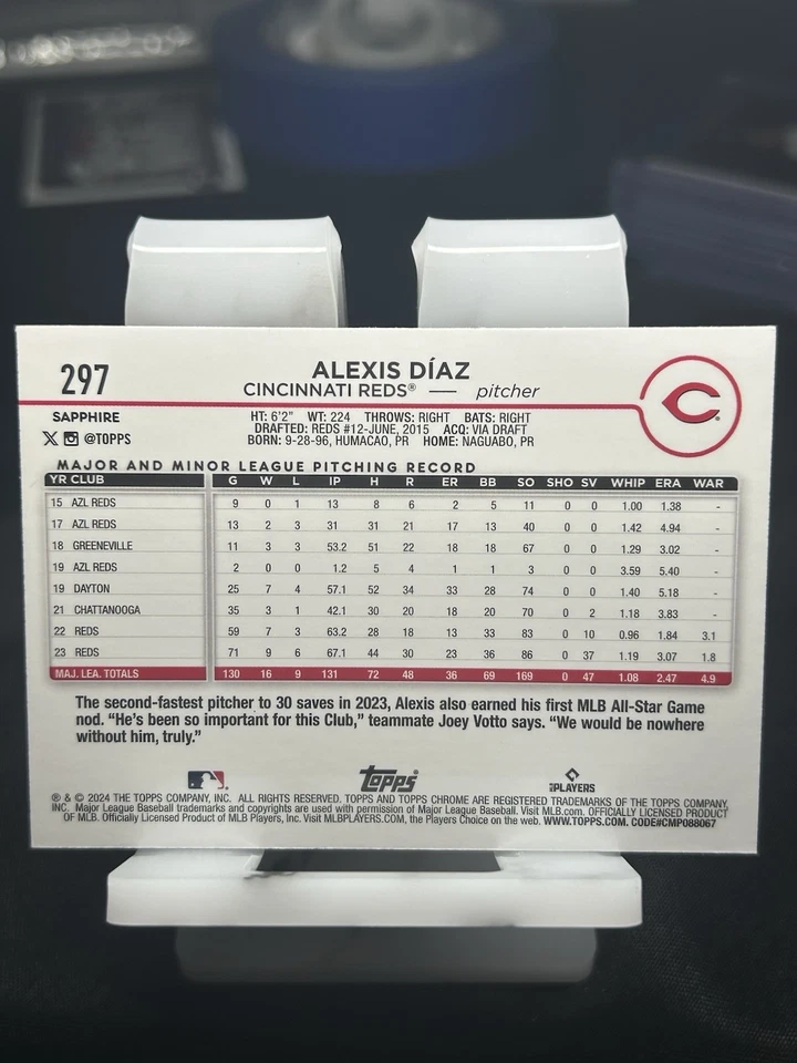 2024 Topps Chrome Sapphire Gold /50 Alexis Diaz #297 Cincinnati Reds - Image 3 of 4
